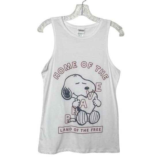 Peanuts Snoopy Tank Top Home Of The Brave Patriotic White Size Medium New WOT - Picture 1 of 8